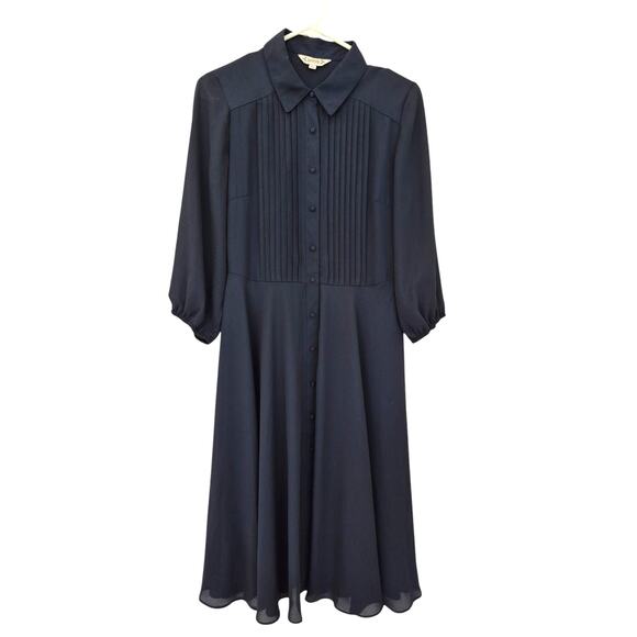Nanette Lepore Dress Sz 4 Navy Blue 3/4 Sleeve Modest  Fit Flare Tux Front - Picture 1 of 7